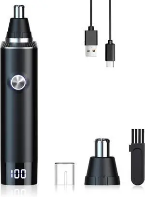 Ear and Nose Hair Trimmer for Men Women with LED Light Digital Display,Painless USB Rechargeable Facial Hair Remover with Powerful Motor and Dual-Edge Blades Easy Cleansing 12000 RPM (Black)