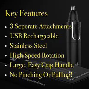 Pete & Pedro Nose & Ear Hair Trimmer  Clipper Has 3 Attachments for Nose/Ear, Eyebrows Trimming, & Facial Hair Detailing | Men & Women, Stainless Steel, Wet/Dry, USB | As Seen on Shark Tank