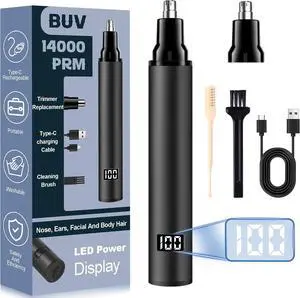 Ear & Nose Hair Trimmer with LED Display for Men and Women - 2024 Professional Painless USB Rechargeable Facial & Nose Hair Trimmer Clipper  14,000 RPM IPX7 Waterproof Dual Edge Blades, Black