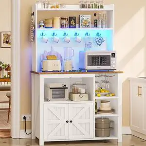 Itaar 35.4 inch Bakers Rack with Power Outlet and Storage, Farmhouse Coffee Bar Cabinet, Microwave Stand Kitchen Cabinet with Hutch, LED Lights, Wine Glass Holder and 8 HooksWhite