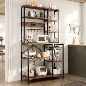 Kitchen Bakers Rack with Storage, 6-Tier Coffee Bar Station with Power Outlet, Microwave Stand with 12 S-Shaped Hooks, Open Kitchen Storage Shelves for Spices, Pots and Pans, Rustic Brown