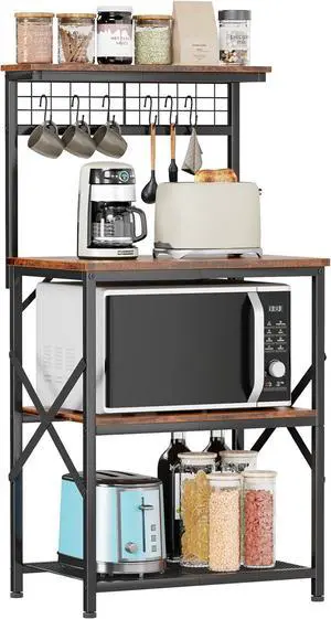 Furologee Kitchen Bakers Rack with Hutch, Coffee Bar Station 4 Tiers, Microwave Oven Stand with 6 S Hooks and Pegboard, Kitchen Microwave Rack for Spice Organizer Workstation, Rustic Brown