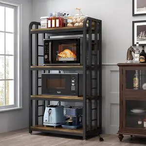 Bakers Rack with Power Outlet, 4-Tier Rustic Brown Kitchen Baker's Rack, Microwave Stand with Storage, Suitable for Living Room, Dining Room, Coffee Bar