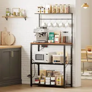 kitchen Bakers Rack with Power Outlet, Coffee Bar Table 4 Tiers, Microwave Stand with 6 S-shaped Hooks, Kitchen Storage Shelf Rack for Spices, Pots and Pans25.6" L x 12" W x 53.5" H