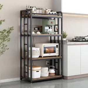Adjustable 4-Tier Heavy Duty Kitchen Baker's Rack with Power Outlet, with Industrial Wheels, Free Standing Microwave Oven Cart Stand for Storage in Living Room, Garage, Rustic Brown