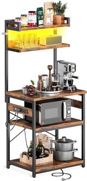Casaottima Bakers Rack with Power Outlet & LED Lights, Coffee Bar with Storage 5-Tiers, Microwave Stand Kitchen Shelf 16.5 * 23.6 * 59 inches, Kitchen Coffee Rack, Rustic Brown