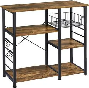 Yaheetech 4-Tier Kitchen Baker's Rack, Coffee Bar Microwave Stand Cart with Wire Basket & 6 Side Hooks, Kitchen Organizer Shelf for Spices/Utensils Foods, Rustic Brown