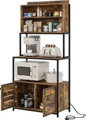 Furniouse 5-Tier Kitchen Bakers Rack with Power Outlet, Industrial Microwave Oven Stand with Shelves, Kitchen Utility Storage Shelf with Cabinet, Standing Kitchen Storage Rack, Rustic Brown