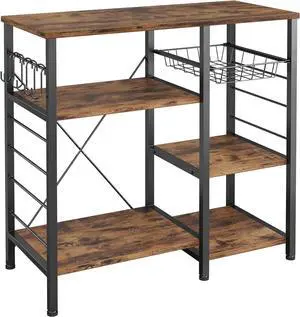 IRONCK Industrial Kitchen Bakers Rack, Kitchen Island Utility Storage Shelf, Coffee Bar Microwave Stand with 6 Hooks, Metal Frame, Simple Assembly, Vintage Brown