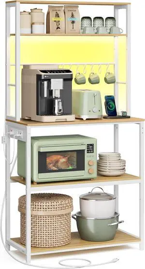 VASAGLE Coffee Bar with LED Lights, Kitchen Bakers Rack with Power Outlet, Microwave Stand with Adjustable Shelves, 8 Hooks, 15.7 x 31.5 x 65.7 Inches, Golden Oak and Matte White UKKS050Y01