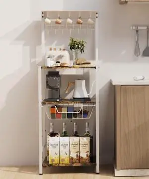 4 Tier Coffee Bar Station, Corner Bakers Rack with 5 Hooks & Wire Basket, Coffee Maker Stand for Small Space, Kitchen Storage Shelf for Entryway, Living Room, Café, White, 16.5"x13"x47.8"