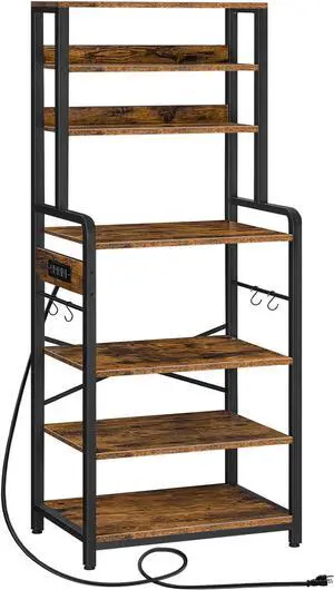 HOOBRO Bakers Rack with Power Outlet, 68.1inch Height Microwave Stand with 4 S-Shaped Hooks, 7-Tier Kitchen Storage Shelf Rack, Coffee Bar, for Kitchen, Living Room, Rustic Brown BF06HB01
