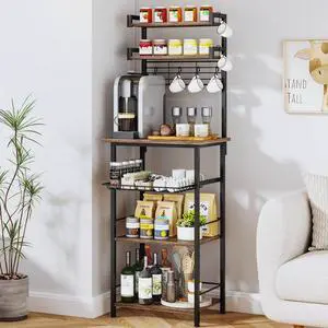 SWTYMIKI 6-Tier Coffee Stand Station - Tall Bakers Rack with Drawer & 6 Hooks, Corner Coffee Bar Station Bar Organizer Cabinet for Kitchen Living Room,11.81" D x 18.9 W x 56.7 H, Rustic Brown