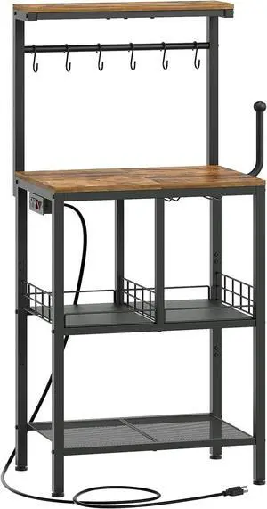 Bakers Rack with Power Outlet, Microwave Stand, Coffee Bar Table with Wine Glass Holder and Paper Holder, 4-Tier Kitchen Storage Rack for Dining Room, Living Room, Rustic Brown HB02UBR