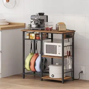 Bakers Rack with Power Outlet, Microwave Stand with Adjustable Mesh Rack, Coffee Bar Station, Kitchen Storage Racks with 6 S Hooks, for Kitchen, Dining Room, Rustic Brown and Black BRHR80E01