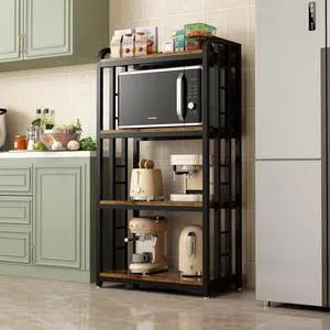 4-Tier Kitchen Baker's Rack with Rolling Wheels, Microwave Oven Cart Stand, Adjustable Utility Shelving Storage Unit, Heavy Duty Organizer Rack for Living Room, Garage, Home and Office(Brown)