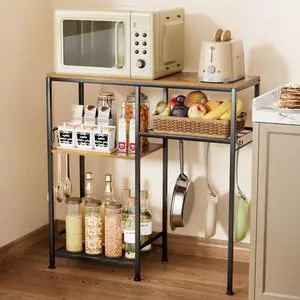 Consumest Microwave Stand, Adjustbale Coffee Bar Cabinet, Multifunctional Pan Organizer with 6 Hooks and 3 Shelves, Bakers Rack for Shovel, Pots, Fruits, Vegetables, Brown&Black