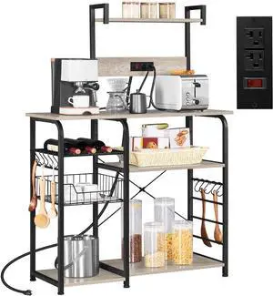 Yaheetech Bakers Rack with Power Outlet, 4-Tier Microwave Stand Cart Coffee Bar with Wire Basket and Wine Storage, Freestanding Kitchen Shelf Extra Counter Space, Gray