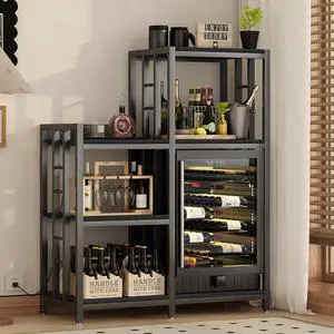 6-Tier Adjustable Mini Fridge Cabinet With Power Outlet,Kitchen Bakers Rack With storage,Mini Fridge And Microwave Stand,Coffee Bar, Free Standing Shelf for Kitchen, Home Office,Balcony,Black
