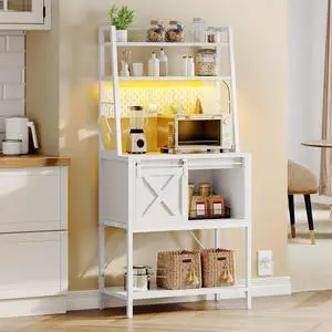YITAHOME White Bakers Rack with Power Outlet and LED Light, 4-Tiers Microwave Stand Cabinet with Sliding Storage Drawer Barn Door, Farmhouse Kitchen Tall Coffee Bar Table with Shelf and 8 Hooks