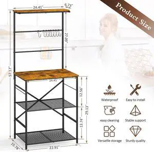 4-Tier Farmhouse Coffee Bar Shelf - Stand with 8 S-Shaped Hooks, Large Space Coffee Station Table for Kitchen & Living Room - 24.41" W x 15.78" D x 57.17" H