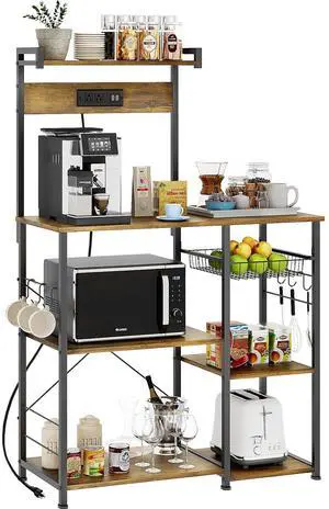 Bakers Rack with Power Outlets and 2 USB Ports, Utility Microwave Stand, Kitchen Storage Rack with 6 S-Shaped Hooks, Kitchen Shelves, Rustic Brown