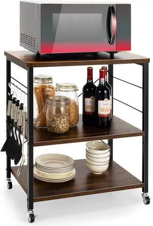 Giantex Kitchen Bakers Rack 3-Tier Microwave Cart on Wheels, Industrial Utility Bar Cart with 10 Hooks Metal Frame Wood Storage Shelves, Rolling Microwave Stand, Vintage Brown