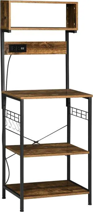 HOMCOM Kitchen Bakers Rack with Power Outlet, USB Charger, Microwave Stand, Coffee Bar with Adjustable Shelves, 5 Hooks for Spices, Pots and Pans, Rustic Brown