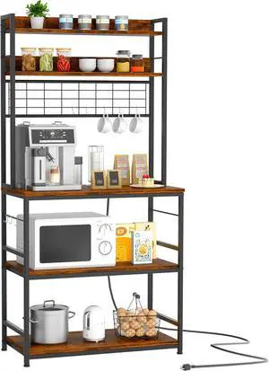 JAMFLY Kitchen Bakers Rack with Power Outlet, Coffee Bar Cabinet, Kitchen Racks with Storage Cabinet, 5-Tier Microwave Stand with 10 Hooks and Metal Wire Panel (Rustic Brown)