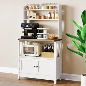 White Microwave Stand Bakers Rack Cabinet, Freestanding 5-Tier Kitchen Storage with Shelves, Farmhouse Floor Hutch Door Thickened Counter,Utility Storage Shelf, Coffee Bar