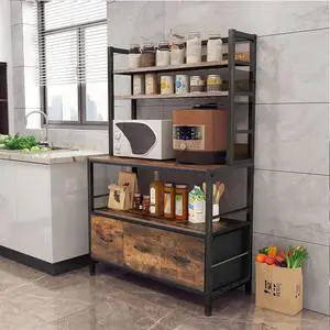 Bakers Rack with Draw Basket, 5-Tier Free Standing Kitchen Storage Shelf Rack, Industrial Microwave Oven Stand, Metal Rack Organizer with Hooks