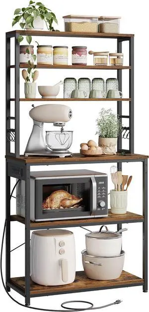 VASAGLE Bakers Rack with Power Outlet, 31.5 Inches Coffee Bar for Kitchen with Storage, 6-Tier Kitchen Shelves with 6 Hooks, Microwave Stand, Rustic Brown and Black UKKS119K01
