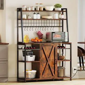 DWVO Bakers Rack Microwave Stand Cabinet with Large Storage Drawer and Power Outlet, 47 Inches Farmhouse Kitchen Tall Thickened Coffee Bar Table with Wine Shelf Rustic Brown
