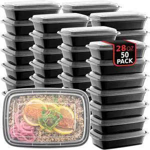 50-Pack Reusable Meal Prep Containers Microwave Safe Food Storage Containers with Lids, 28 oz - 1 Compartment Take Out Disposable Plastic Bento Lunch Box To Go, BPA Free - Dishwasher & Freezer Safe
