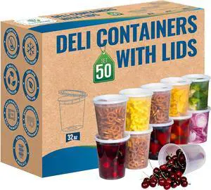 Deli Plastic Food Containers with Airtight Lids [50 Sets], Leakproof Slime Small Combo Pack [Reusable, Storage, Disposable, Meal Prep, Soup, Microwaveable & Freezer Safe] (32oz)