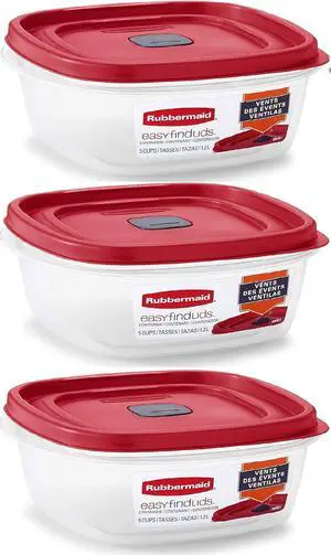 Rubbermaid Easy Find Lid Square 5-Cup Food Storage Container (Pack of 3), Red (Vented)