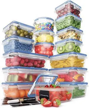 Chef's Path 32 Piece Airtight Food Storage Containers with Royal Blue Easy Snap Lids, 16 Containers and Lids, Stackable Kitchen and Pantry Canisters for Meal Prep and Food Storage -Transparent