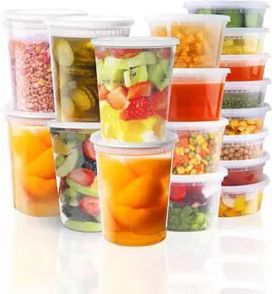Deli Containers with Lids: [48 Sets 3 Sizes] 8 oz, 16 oz, 32 oz Plastic Soup Containers Reusable, Airtight Food Storage Containers for Restaurant Take Out, BPA Free, Microwave/Dishwasher Safe