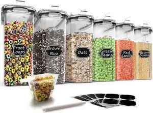 Wildone Cereal Storage Containers Set, Large BPA Free Plastic Airtight Food Storage Containers 4L for Flour, Sugar, 6 Piece Set Cereal Dispensers with 20 Labels & Marker, Black