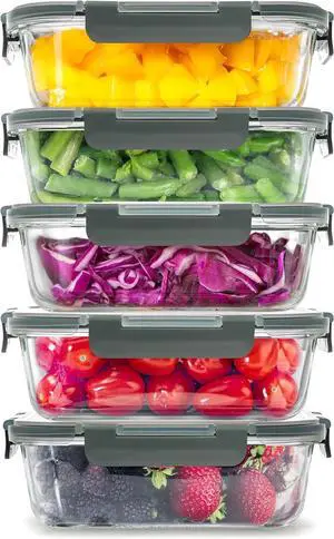 Zulay Kitchen 5 Pack Glass Meal Prep Containers with Lids - Airtight, Premium Borosilicate Glass Food Storage Containers - Microwave, Freezer & Oven Safe, BPA Free - Gray