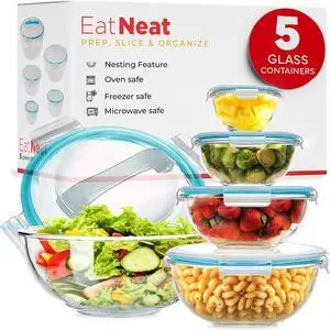EatNeat 5Piece Glass Food Storage Bowl Set with Locking Lids  Airtight, Nesting, Stackable Bowls  Oven, Microwave Safe  Great Gift for Meal Prep, Salads, Leftovers, Baking & Cooking