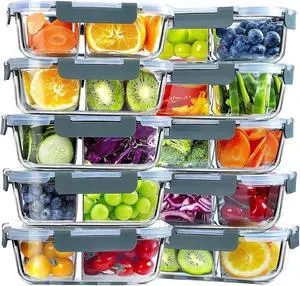 VERONES 10 Pack Glass Meal Prep Containers 2 Compartment Set, 30 OZ Airtight Glass Lunch Containers, Glass Food Storage Containers with Lids, for Microwave, Oven, Freezer & Dishwasher FriendlyGrey