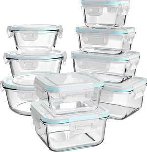 Glass Food Storage Containers with Lids, [18 Piece] Glass Meal Prep Containers, Containers for Food Storage with Lids, BPA Free & Leak Proof (9 Lid & 9 Container)