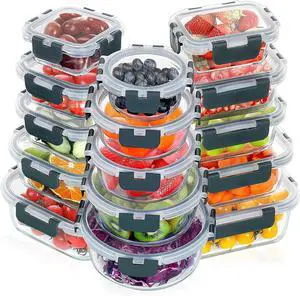VERONES 30 Pieces Glass Meal Prep Containers Set, Stackable Glass Food Storage Containers with Lids-Airtight Glass Lunch Containersfor Microwave, Oven, Freezer & Dishwasher,Grey
