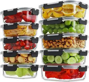 HOMBERKING 10 Pack Glass Meal Prep Containers with Locking Lids, Glass Food Storage Containers Set, Airtight Glass Lunch Bento Boxes, BPA-Free & Leak Proof, 36oz & 14oz, Freezer, Oven, Black