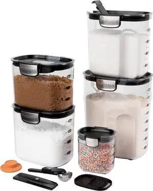 ProKeeper+ Airtight Food Storage Container Set  Clear Plastic Flour and Sugar Canister Set with Magnetic Accessories for Kitchen Organization (Black, 9-Piece)