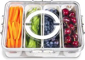 Portable Fruit Storage Containers for Fridge, 4 Compartments Snack Box Container, BPA-Free Divided Serving Tray with Lid for Veggie, Clear Snack Tray Candy Tray