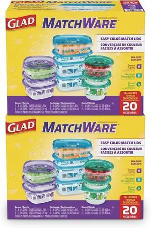 Glad GladWare Matchware Food Storage Containers, Value Pack With Easy Color Match Lids, 20 Piece Set (Pack of 2) - With Glad Lock Tight Seal, BPA Free Containers and Lids Glad GladWare Matchware Food Storage Containers, Value Pack With Easy Color Match Lids, 20 Piece Set (Pack of 2) - With Glad Lock Tight Seal, BPA Free Containers and Lids