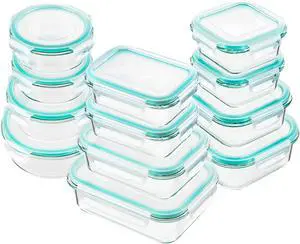 Bayco Glass Food Storage Containers with Lids, [24 Piece] Meal Prep, Airtight Bento Boxes, Leak Proof (12 lids & 12 Containers) - Blue