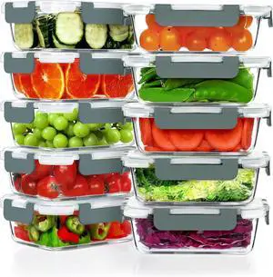 VERONES 10 Pack 22 OZ Glass Meal Prep Containers, Airtight Glass Lunch Containers Set, Glass Food Storage Containers with Lids,Exclusive of BPA, for Microwave, Oven, Freezer & Dishwasher Friendly,Grey